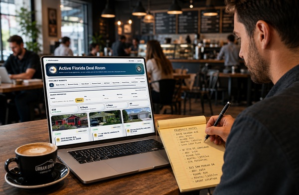 Florida real estate investor using InvestorMX at a coffee shop
