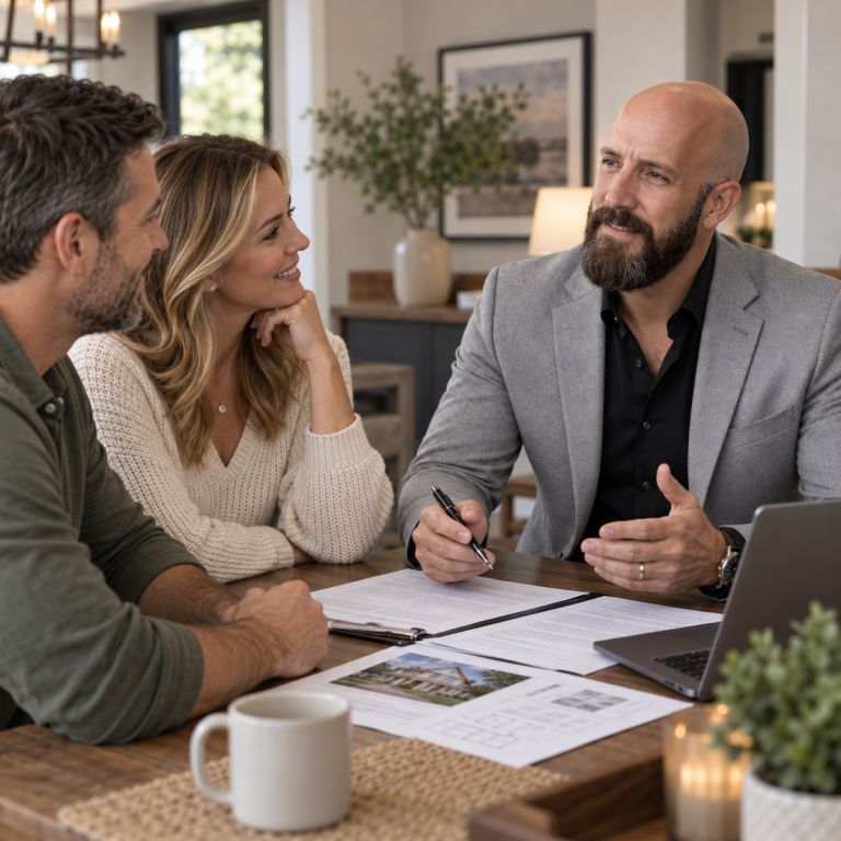 Happy Florida property owners discussing the sale of their house with a real estate professional